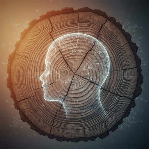 Wooden stump with a digital overlay of a human head profile