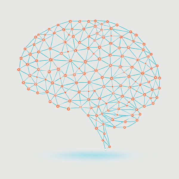 Geometric brain illustration with interconnected dots on a light gray background