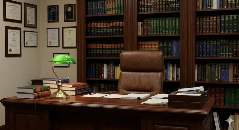 Wooden desk with leather chair, books, and a lamp in a room with bookshelves and framed documents.