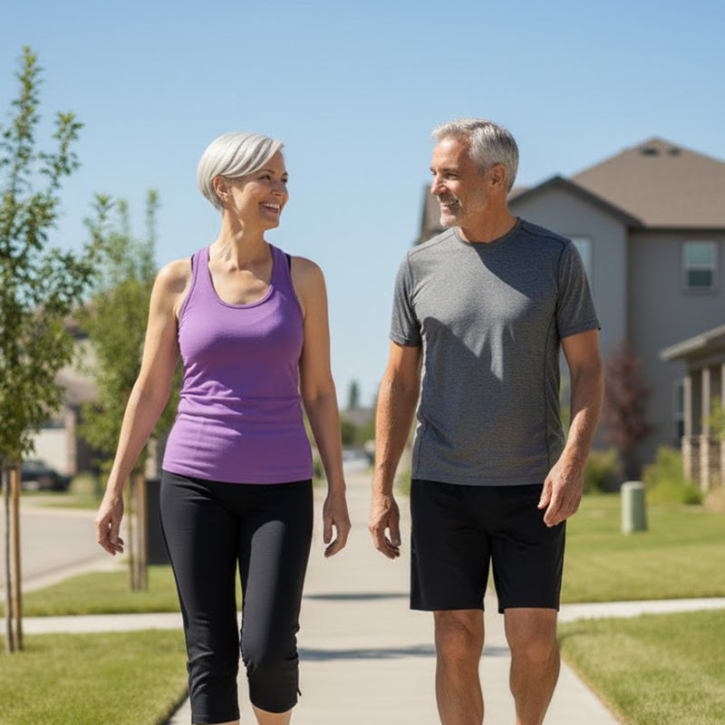 Man and woman walking outdoors on a sidewalk with houses and trees in the background