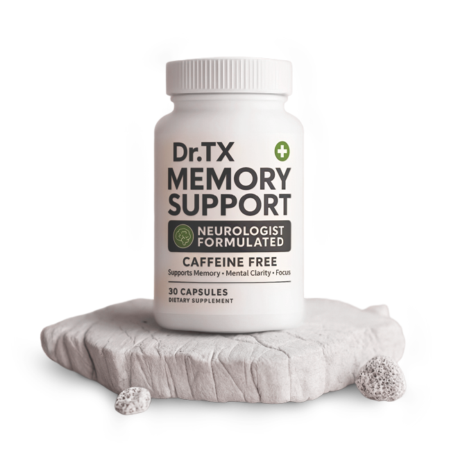 Dr. TX Memory Support supplement bottle on a marble surface with a white background