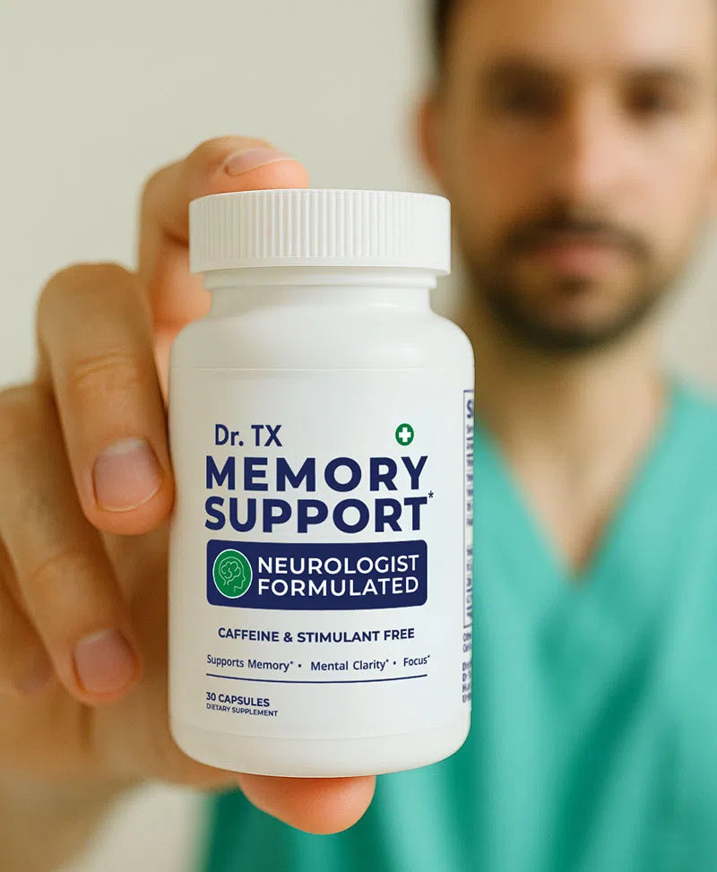 Hand holding a bottle of Dr. TX Memory Support supplement with a blurred background