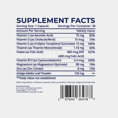 Supplement facts label with detailed nutritional information on a white background