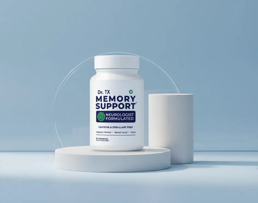 Dr. TX Memory Support supplement bottle on a light blue background