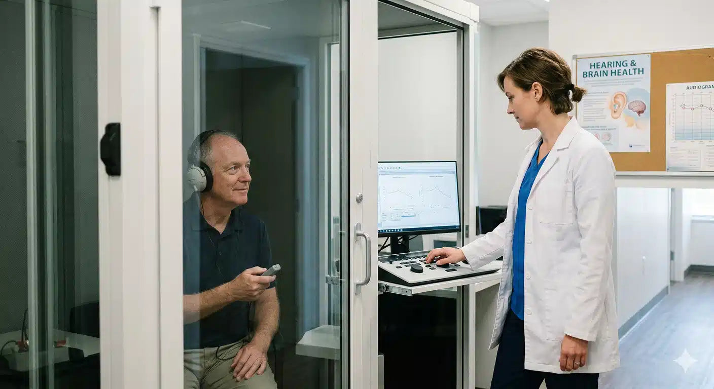 Doctor conducting a hearing test on a patient in a clinic setting.