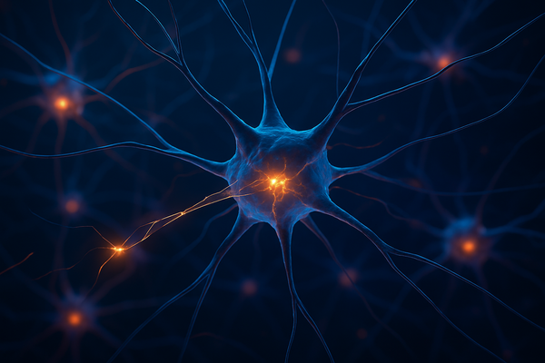 Neuron illustration with glowing ends on a dark blue background