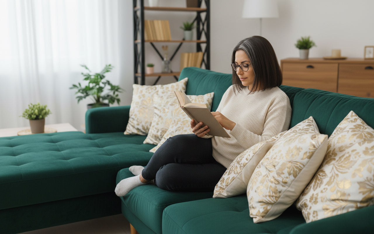 Woman reading a book on a green couch in a cozy living room.